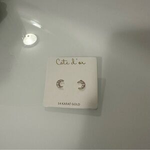 Cote D’or 14k Yellow Gold Small Cz Crescent Moon Stud Earrings NWT